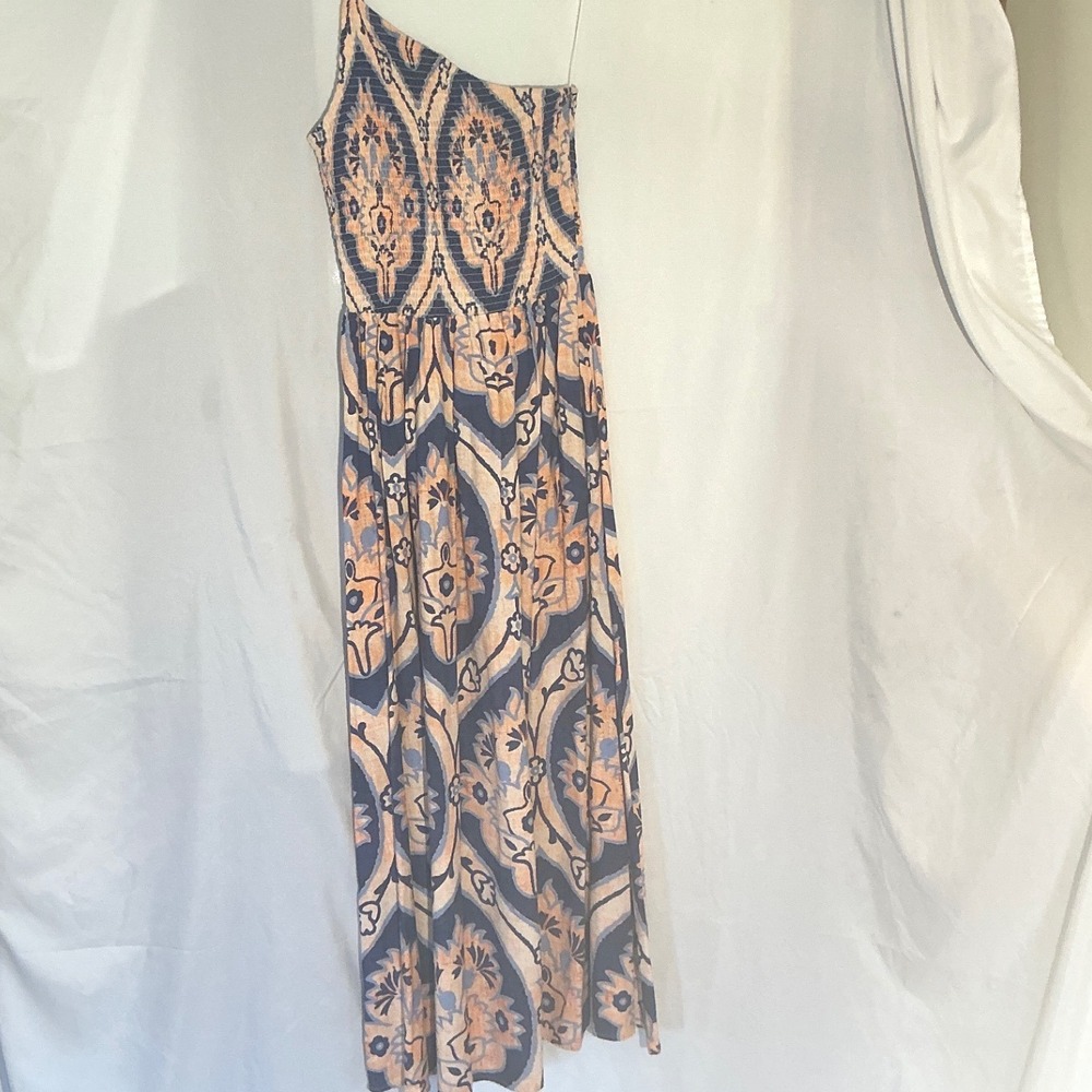 Moon River‎ One Shoulder Smocked Maxi Dress Blue Orange Ikat Medallion Small